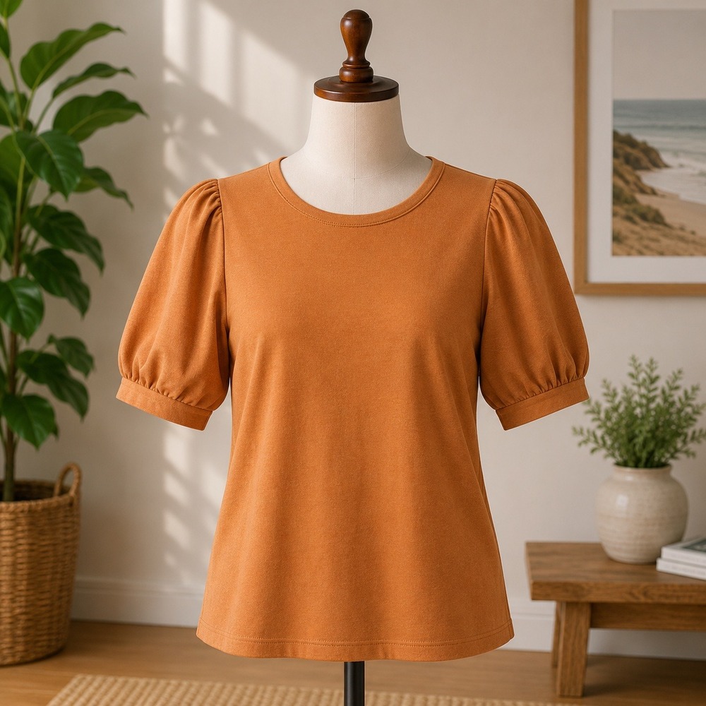 NWT Caslon Puff Sleeve Knit Top Womens Large Brown 3/4‎ Sleeve Crew Neck 1235